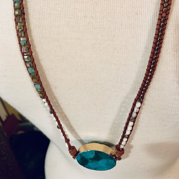 NWOT. Leather and beaded necklace with turquoise pendant. Excellent condition. - Picture 2 of 4